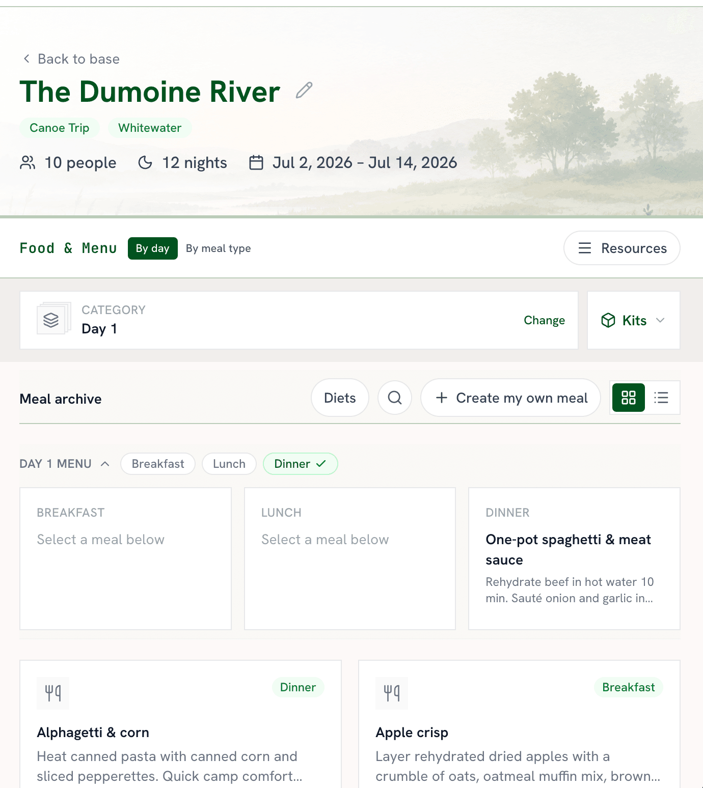 The Trip Centre food planner showing day-by-day meal assignments with breakfast, lunch, and dinner slots
