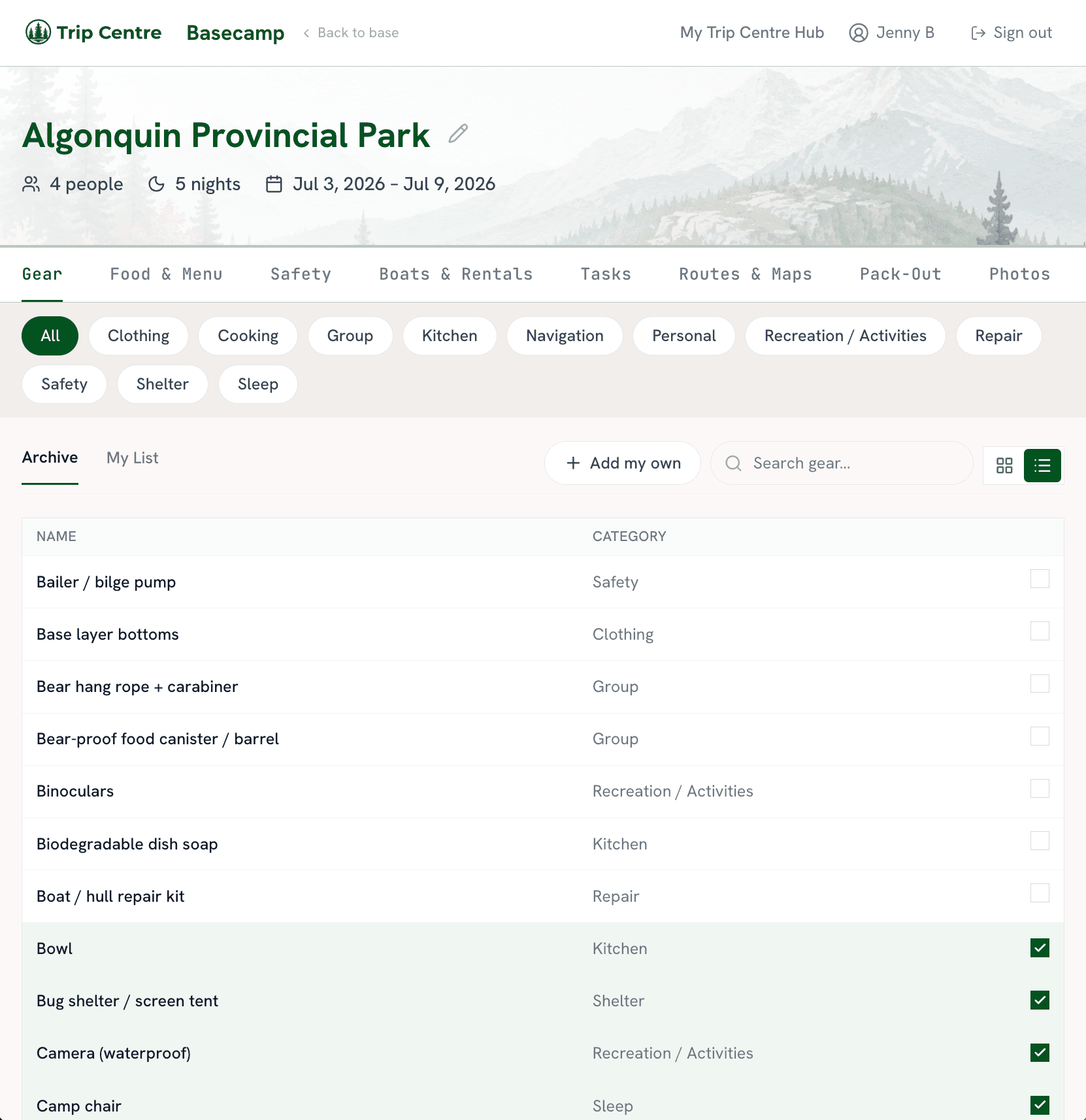 The Trip Centre gear list showing categorized items with checkboxes and bring/rent/buy status
