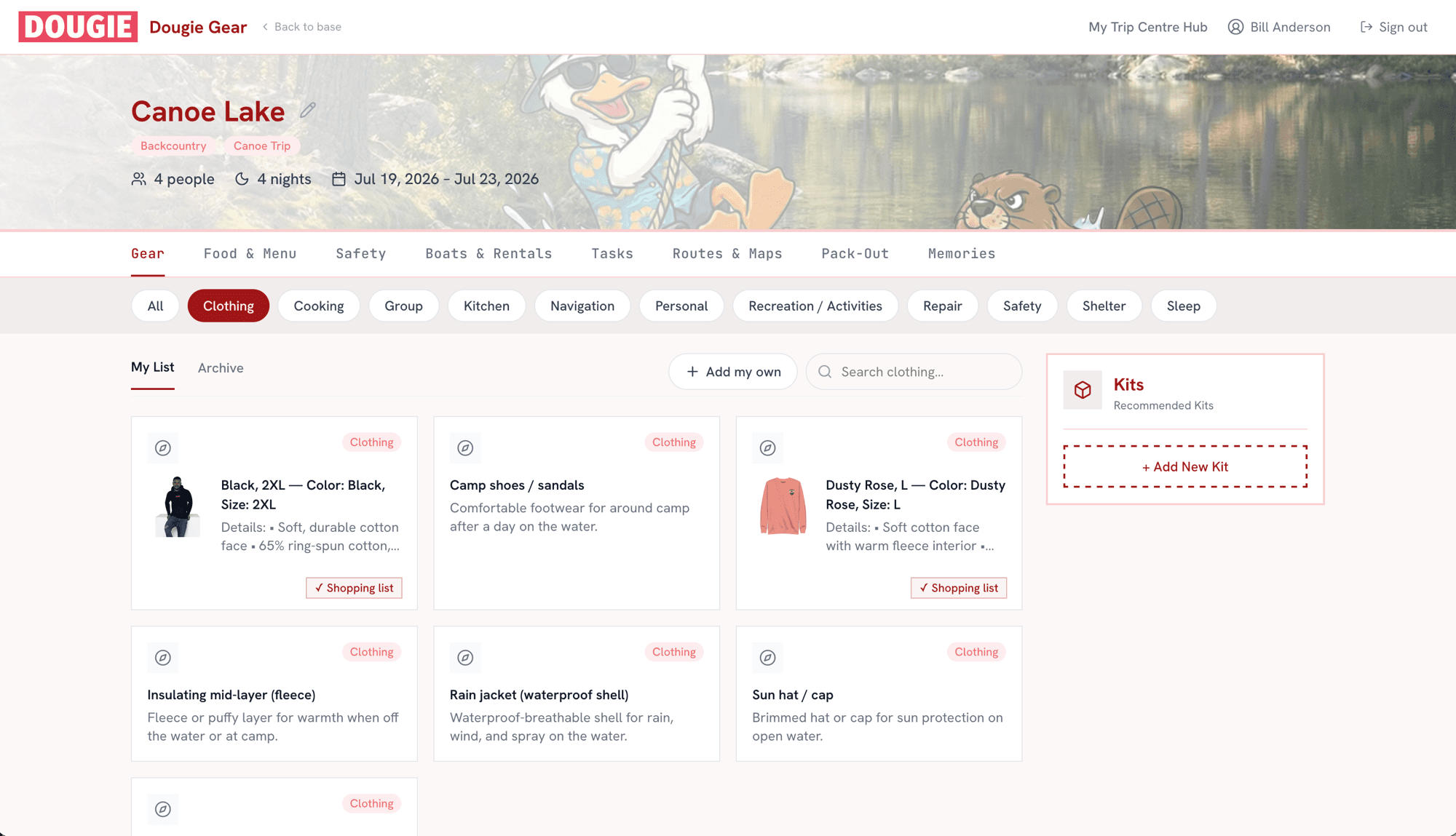 Customers plan their trip, gear list, and reservation dates