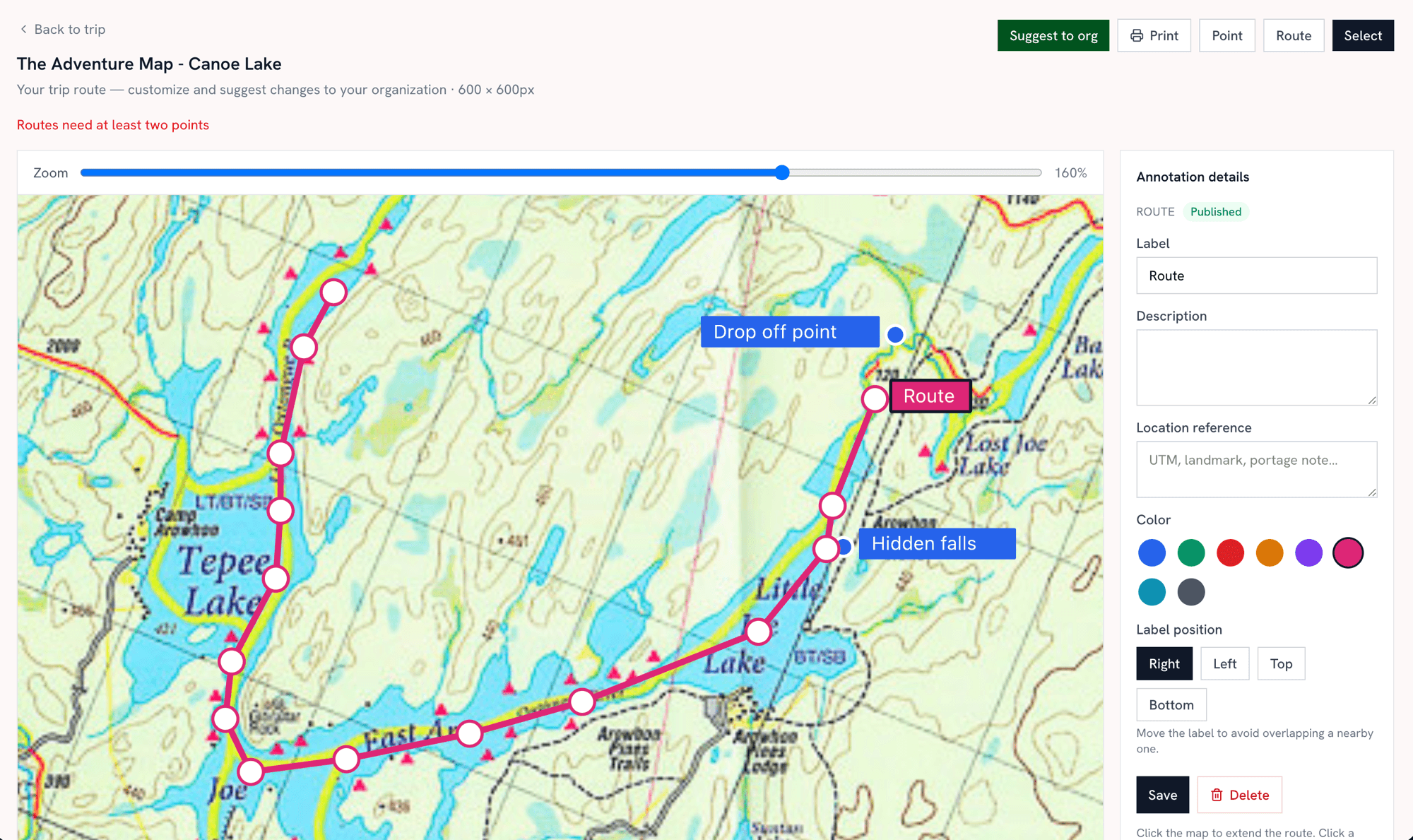 The Trip Centre route editor showing a marked topographic canoe map with waypoints and route annotations
