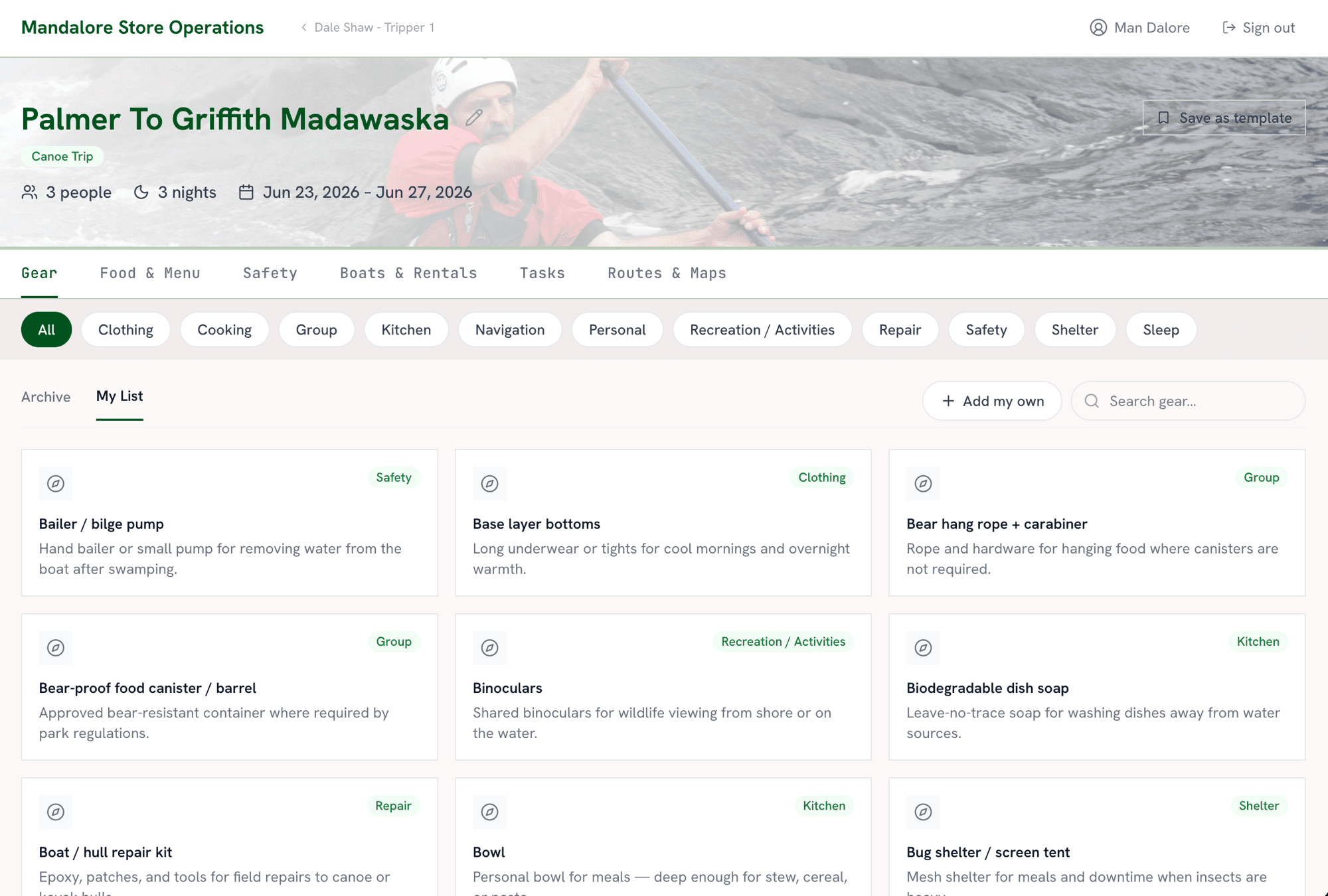 A Trip Centre trip overview showing destination and planning details for a backcountry trip