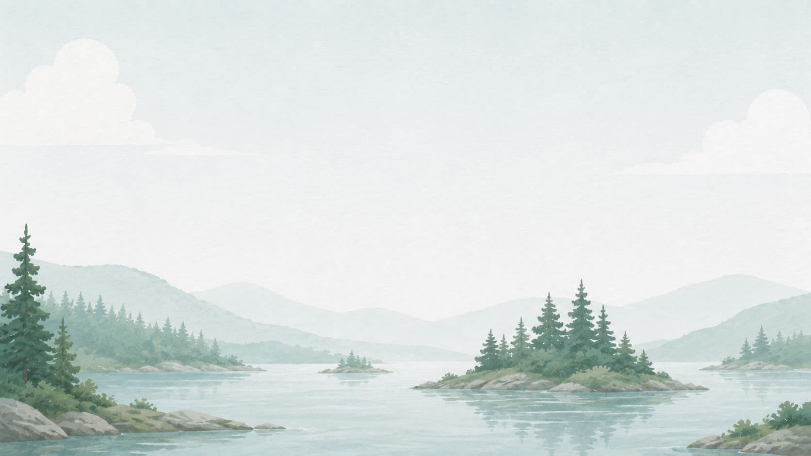 A calm watercolor lake ringed by pine-covered islands and hills