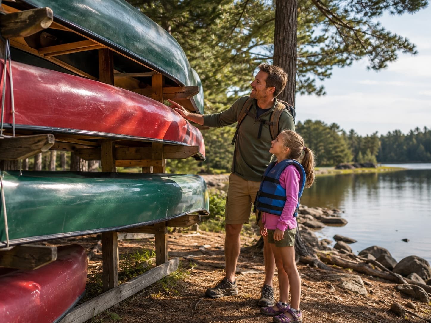 A rack of canoes at an outfitter ready for the season